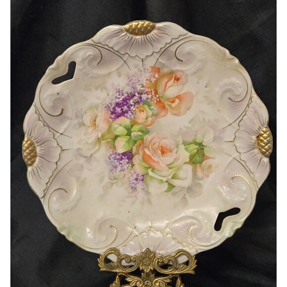 10" Antique Plate w/ Handles Porcelain Hand painted Floral Made in Germany - Picture 1 of 6